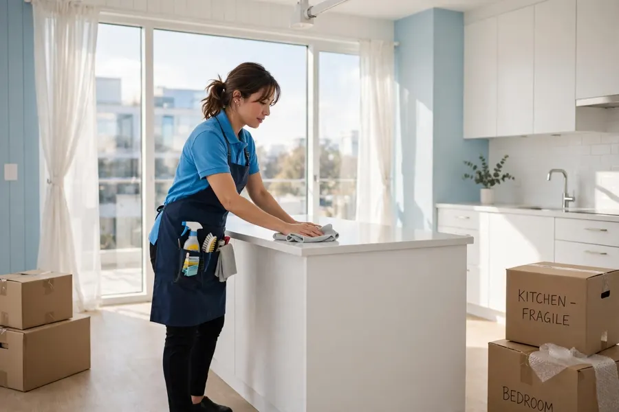 Professional cleaner wiping a counter in a bright apartment with moving boxes