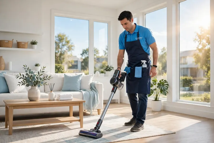 Professional cleaner vacuuming a bright modern living room